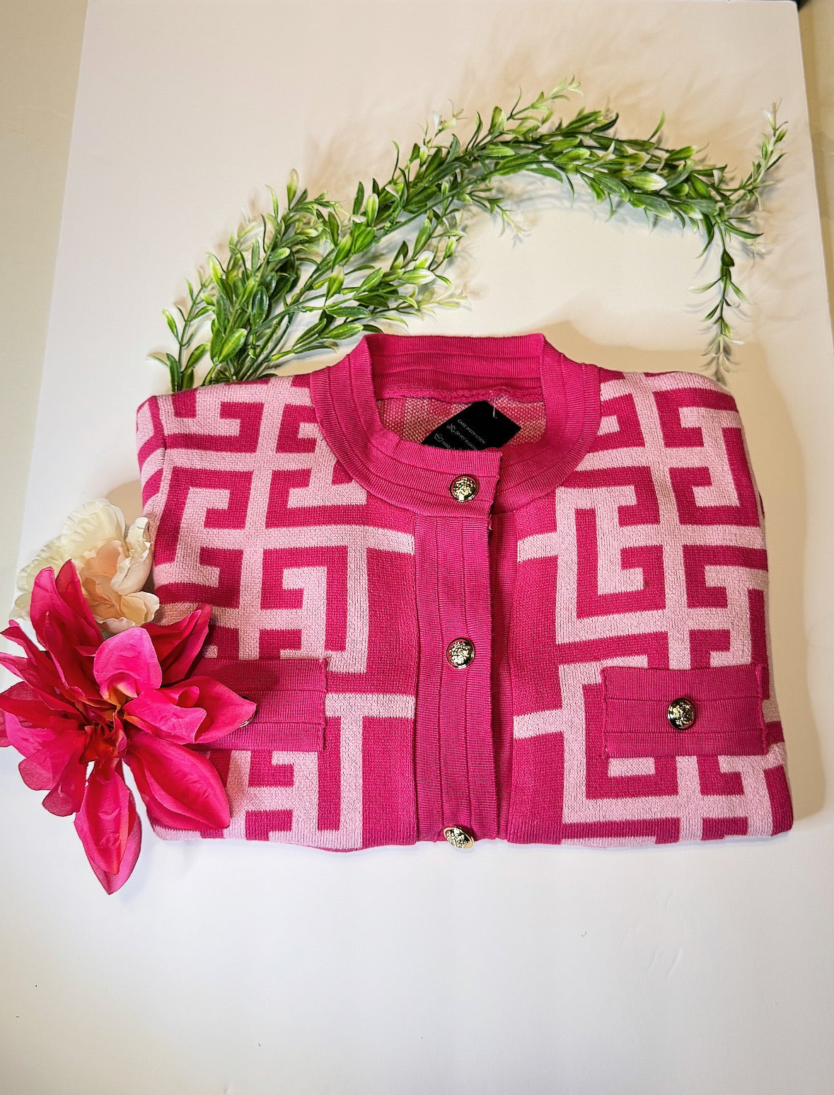 Suéter tejido estampado geométrico Rosa